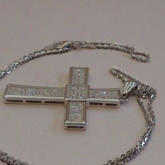 925 STERLING SILVER MICRO PAVE CROSS NECKLACE PENDANT W/ 2 CT LAB DIAMONDS - Picture 6 of 8